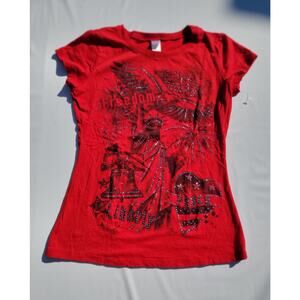 Women's Red 1/4 Short Sleeve Freedom Liberty Peace T-Shirt With Diamonds Studded